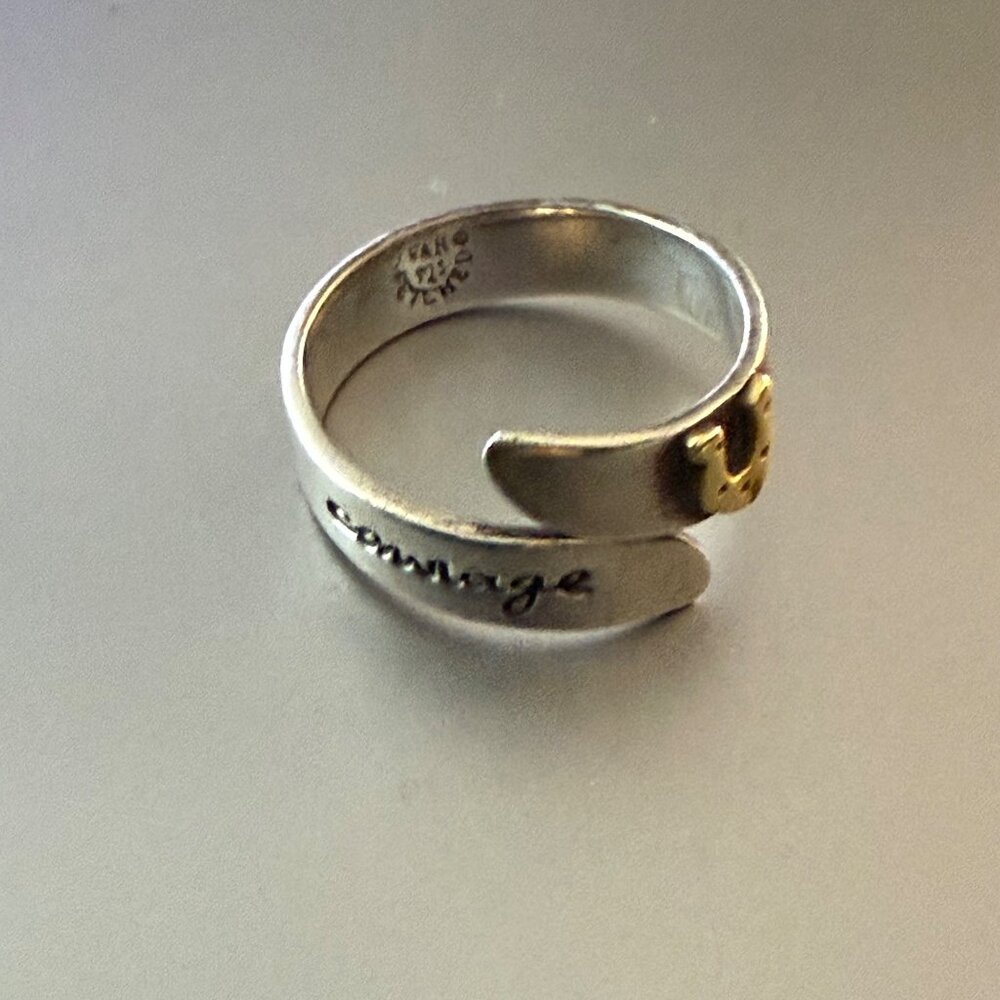 Sterling Silver "Courage" Far Fetched wrap Ring Gold-Tone Heart Accent Etched De - Picture 2 of 7